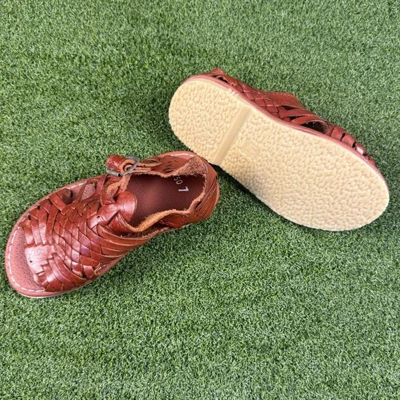 Kids Brown Leather Huarache Sandals Size 7 Woven‎ Buckle Strap Shoes - Picture 3 of 7